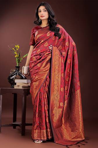 maroon color woven art silk saree with blouse