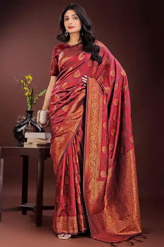 maroon color woven art silk saree with blouse