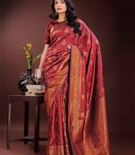 maroon color woven art silk saree with blouse