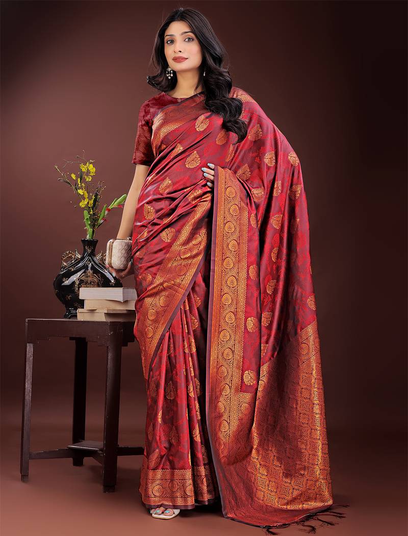 maroon color woven art silk saree with blouse