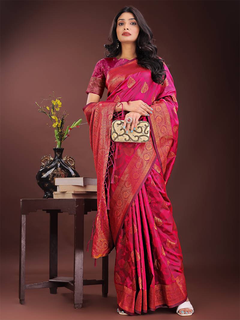 magenta color woven art silk saree with blouse