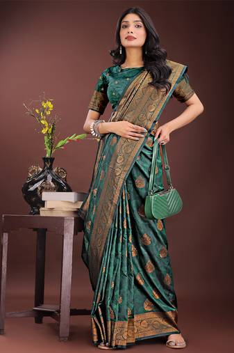dark green color woven art silk saree with blouse