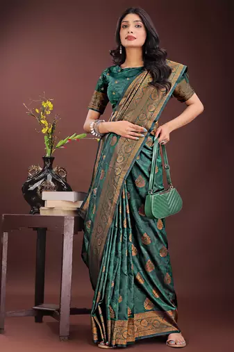 dark green color woven art silk saree with blouse