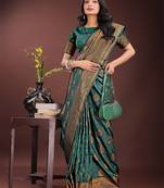 dark green color woven art silk saree with blouse