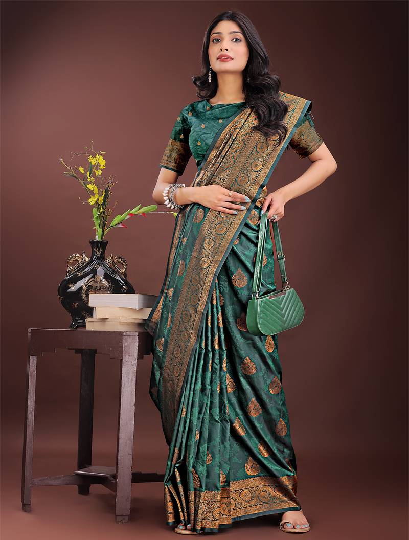 dark green color woven art silk saree with blouse