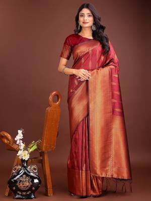 maroon woven work banarasi art silk blend saree 1