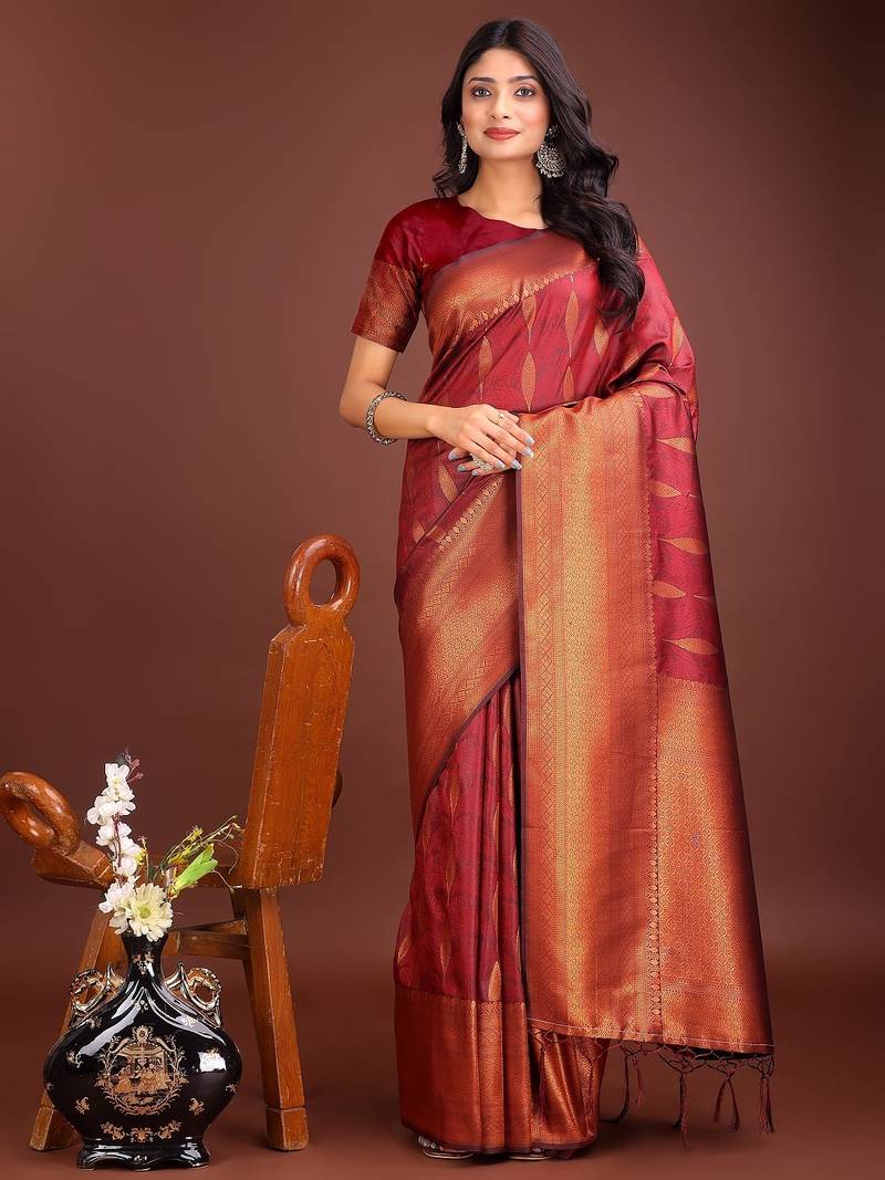 maroon woven work banarasi art silk saree
