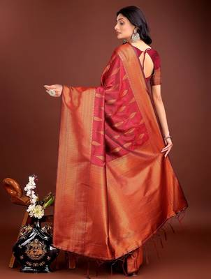 maroon woven work banarasi art silk blend saree 2