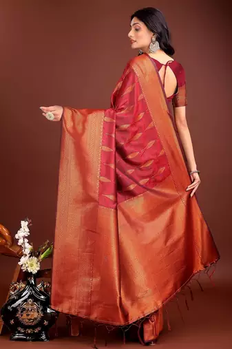 maroon woven work banarasi art silk blend saree