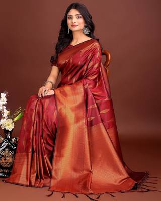 maroon woven work banarasi art silk blend saree 3