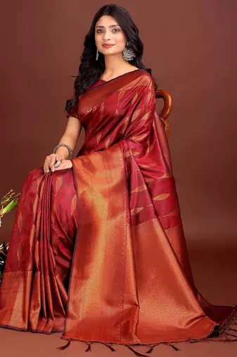 maroon woven work banarasi art silk blend saree