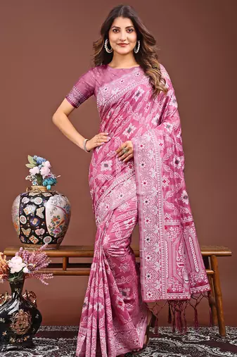 pink color woven linen cotton saree