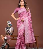 pink color woven linen cotton saree