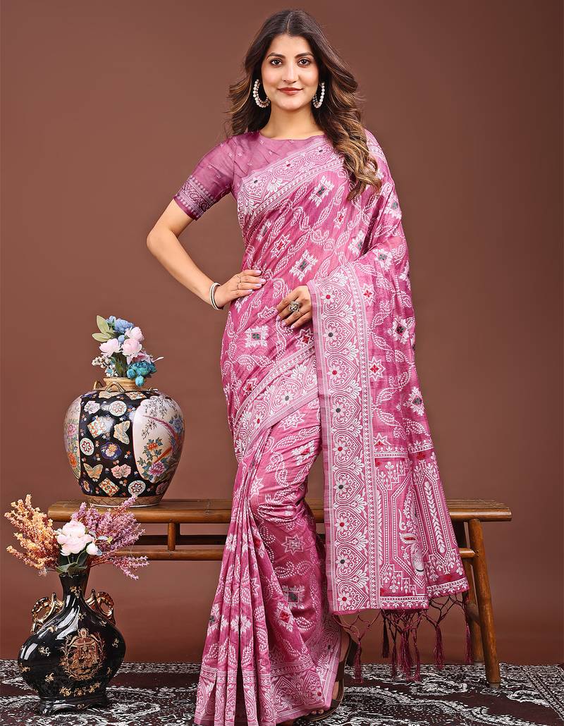 pink color woven linen cotton saree