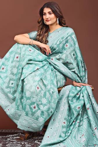 sea green color woven linen cotton saree