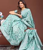 sea green color woven linen cotton saree