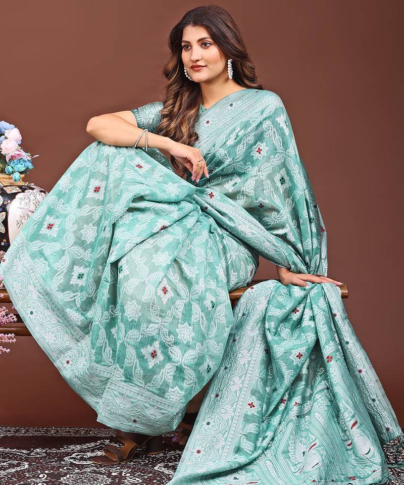 sea green color woven linen cotton saree