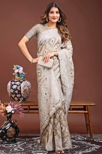 brown color woven linen cotton saree