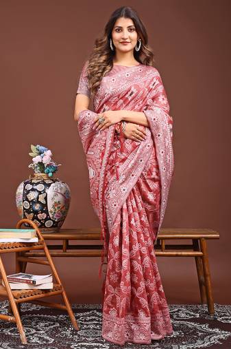 peach color woven linen cotton saree