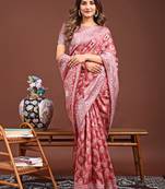peach color woven linen cotton saree