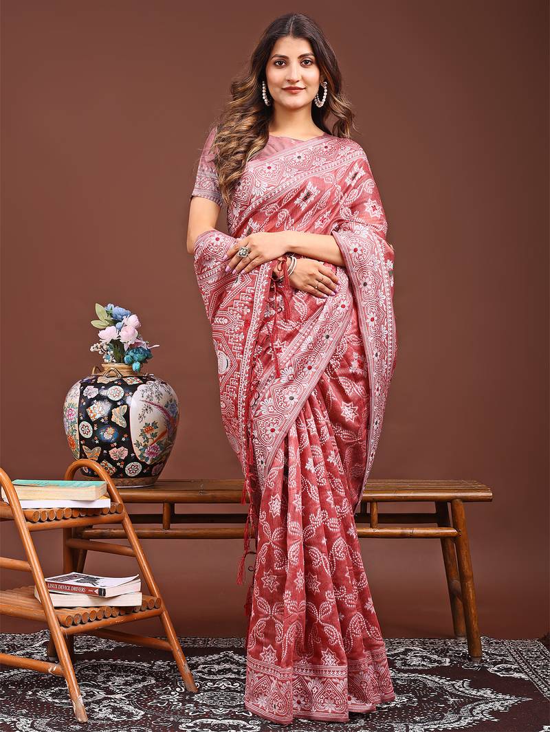 peach color woven linen cotton saree