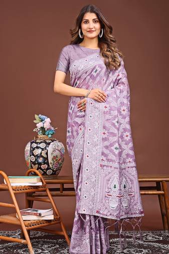 purple color woven linen cotton saree