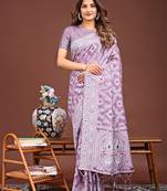 purple color woven linen cotton saree