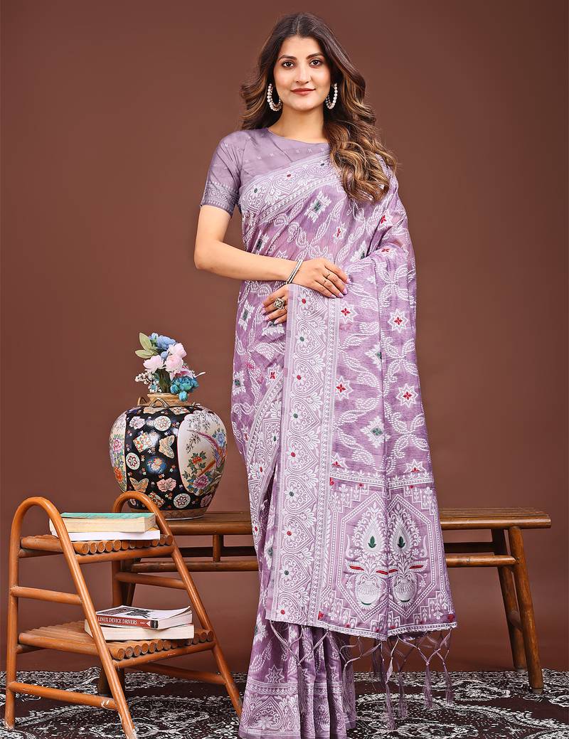 purple color woven linen cotton saree