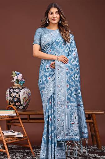 sky blue color woven linen cotton saree