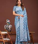 sky blue color woven linen cotton saree
