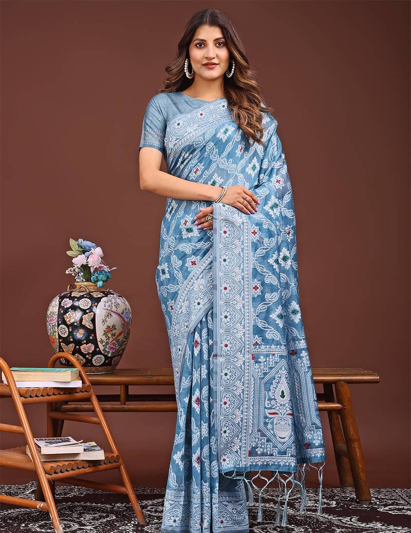 sky blue color woven linen cotton saree