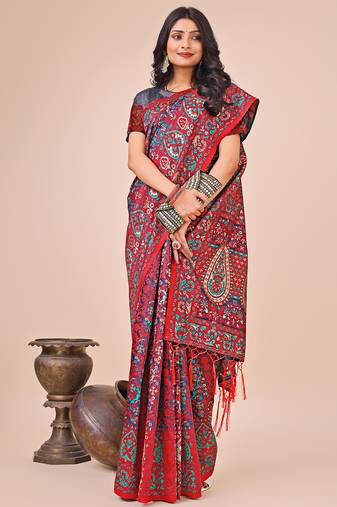 pink color printed woven  tassels pallu cotton saree