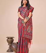 pink color printed woven  tassels pallu cotton saree