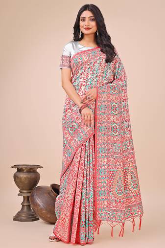 white color printed woven  tassels pallu cotton saree