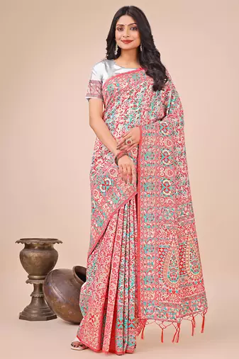 white color printed woven  tassels pallu cotton saree