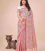 white color printed woven  tassels pallu cotton saree