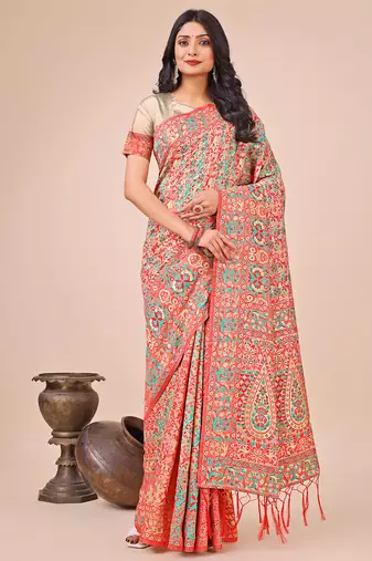 cream color printed woven  tassels pallu cotton saree