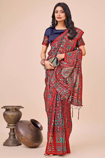 red color printed woven  tassels pallu cotton saree