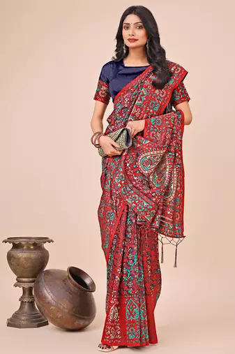 red color printed woven  tassels pallu cotton saree