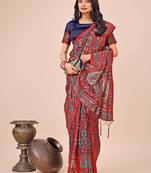 red color printed woven  tassels pallu cotton saree