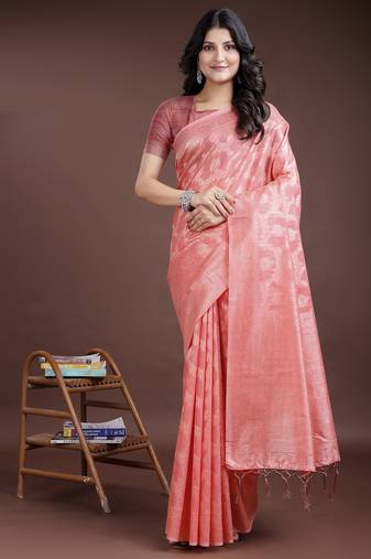 peach color woven linen cotton saree