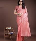 peach color woven linen cotton saree