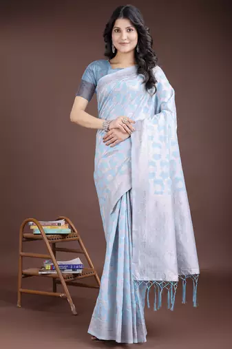 sky blue color woven linen cotton saree