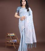 sky blue color woven linen cotton saree