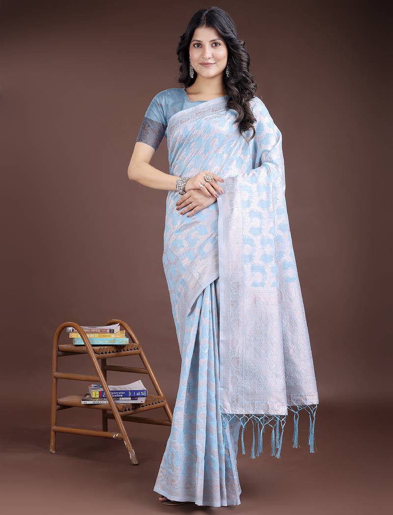sky blue color woven linen cotton saree
