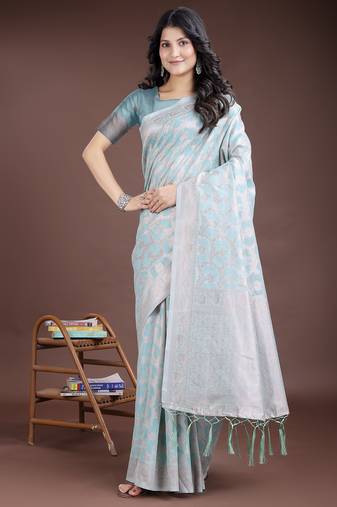 sea green color woven linen cotton saree