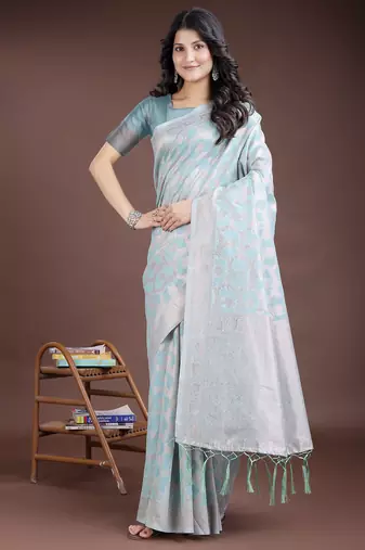 sea green color woven linen cotton saree