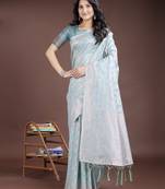 sea green color woven linen cotton saree