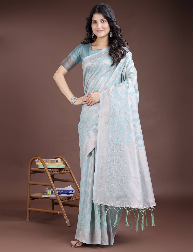 sea green color woven linen cotton saree