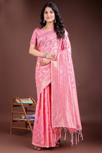 pink color woven linen cotton saree
